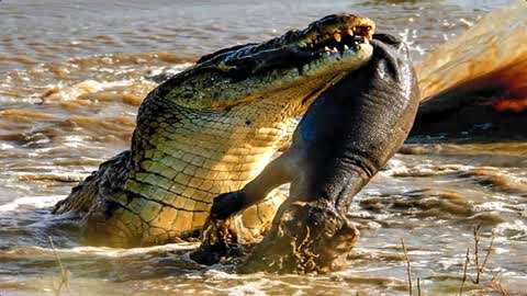 动物世界:千钧一发,野猪池塘河水被冷血鳄鱼一口咬中!