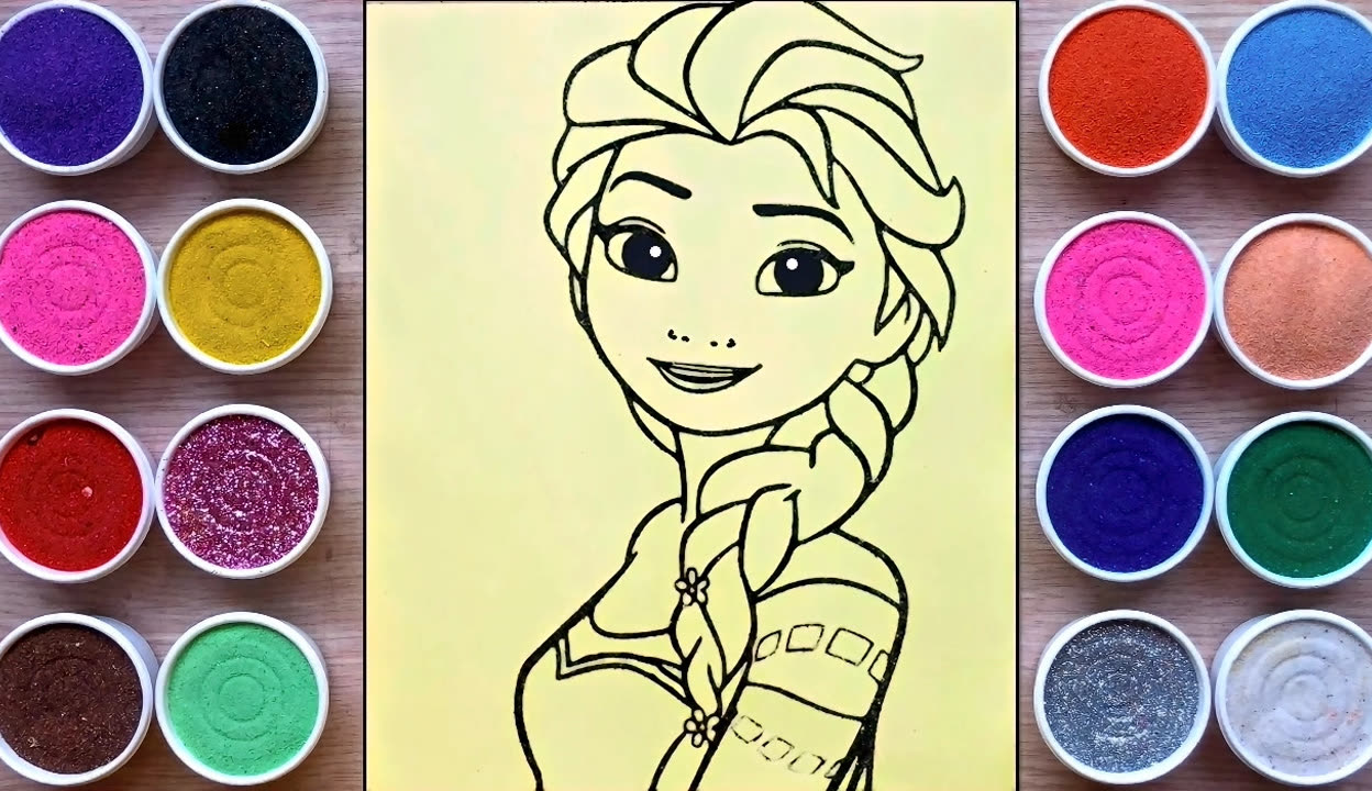 简笔画diy:用彩色沙彩绘冰雪女王艾莎公主,看看可爱俏皮的她!