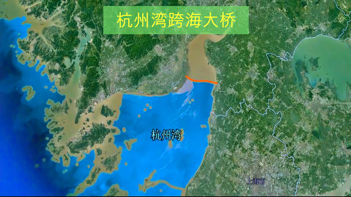 卫星地图俯瞰杭州湾跨海大桥,海水与江水竟是两种不同的颜色