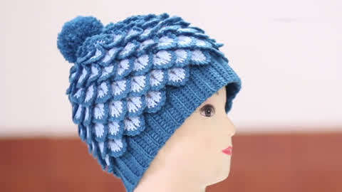 毛线帽子的编织花样,双色鱼鳞花样儿童帽,漂亮又暖和快来学吧